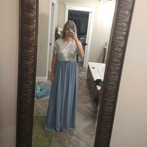Blue and silver modest prom dress